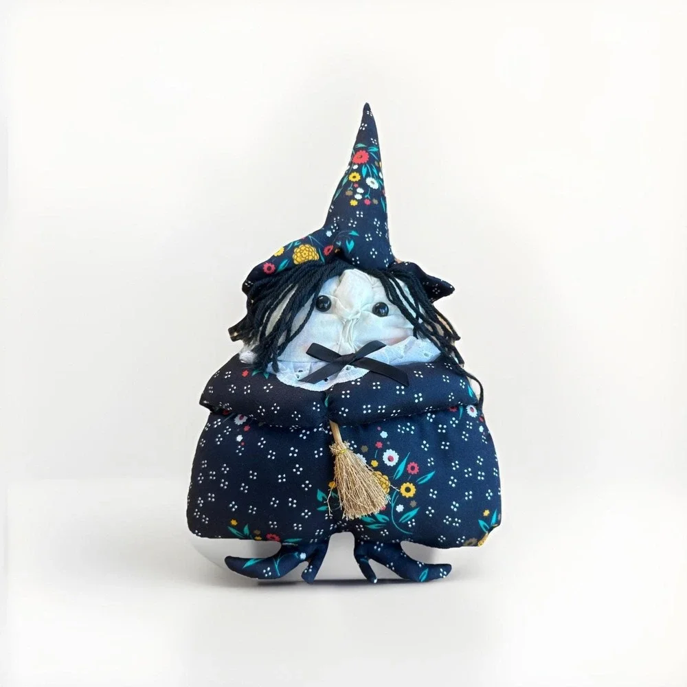 Vintage Witch Couch Pillow Decoration Broom Stick Hat Eyelet Halloween Stuffy